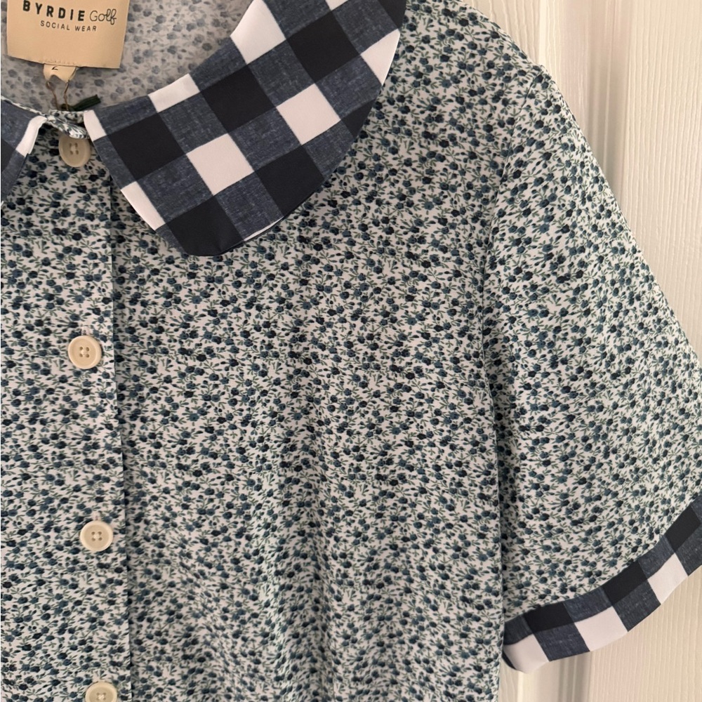 Girls Light Blue Floral Pajama Jumpsuit with Navy Gingham Trim - Picture 3 of 4